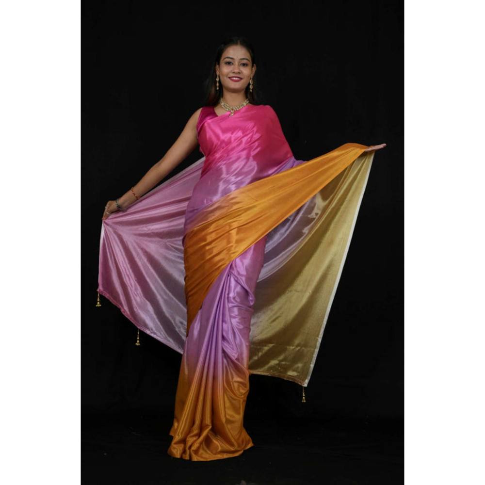 Isadora Life Womens Ombre Printed Multi-Color Pre-Draped Saree With Unstitched Blouse