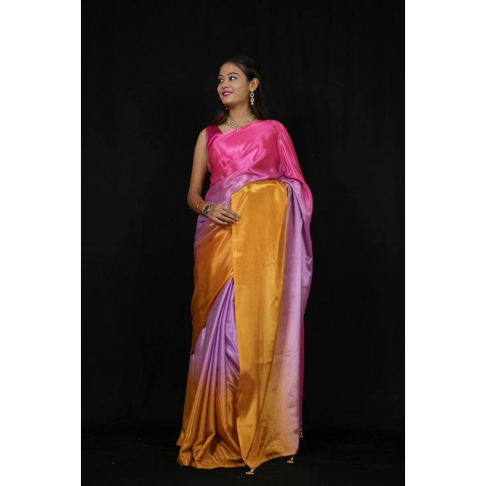 Isadora Life Womens Ombre Printed Multi-Color Pre-Draped Saree With Unstitched Blouse