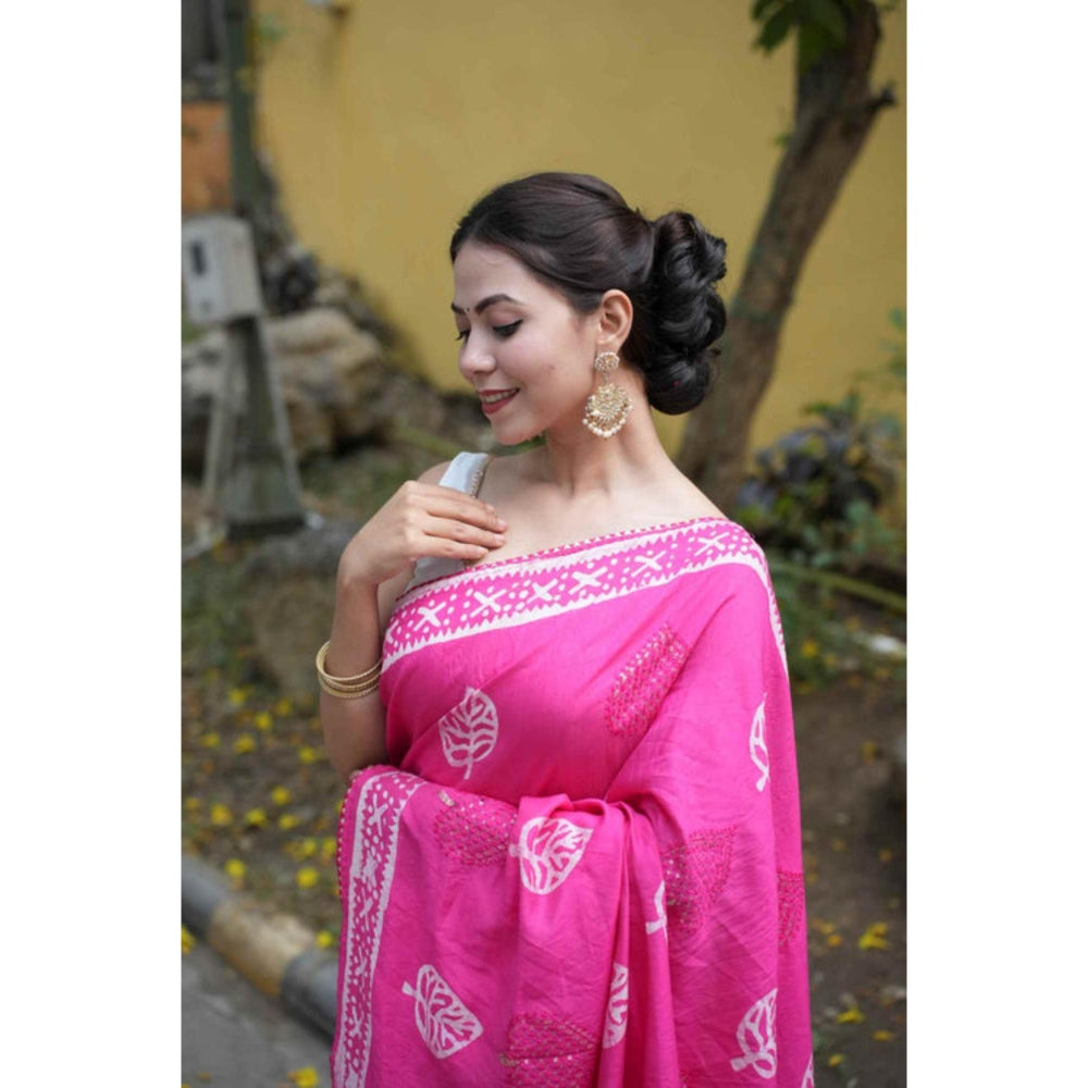 Isadora Life Womens Printed Tassels Pink Pre-Draped Saree With Unstitched Blouse