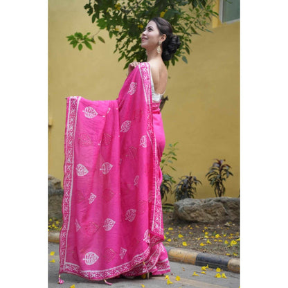 Isadora Life Womens Printed Tassels Pink Pre-Draped Saree With Unstitched Blouse