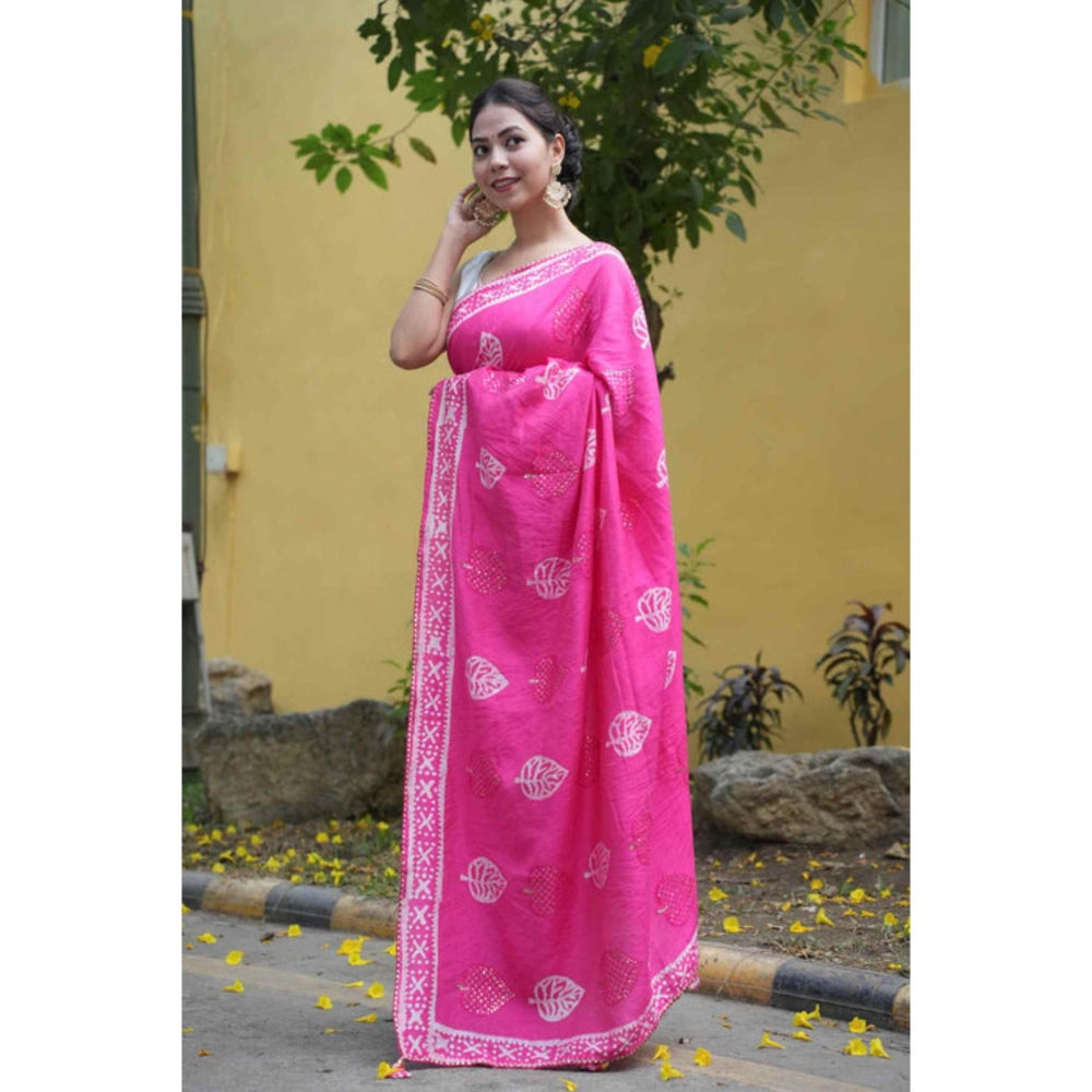 Isadora Life Womens Printed Tassels Pink Pre-Draped Saree With Unstitched Blouse