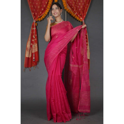 Isadora Life Womens Printed Tassels Pink Pre-Draped Saree With Unstitched Blouse