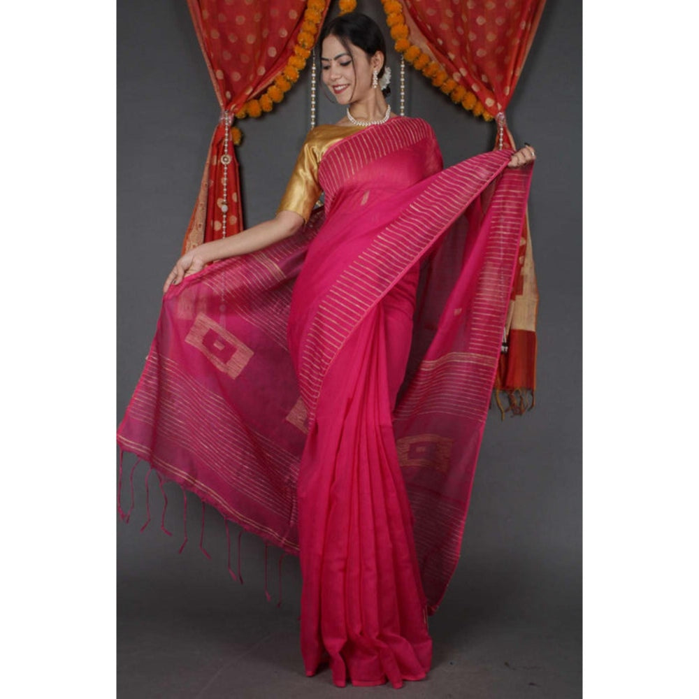Isadora Life Womens Printed Tassels Pink Pre-Draped Saree With Unstitched Blouse