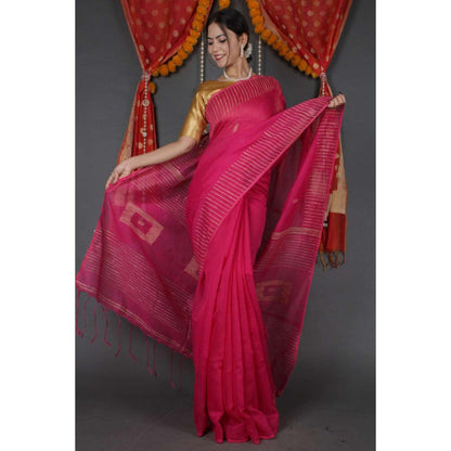 Isadora Life Womens Printed Tassels Pink Pre-Draped Saree With Unstitched Blouse