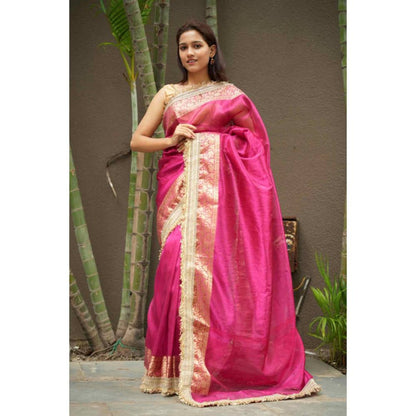 Isadora Life Womens Woven Embroidered Pink Pre-Draped Saree With Unstitched Blouse