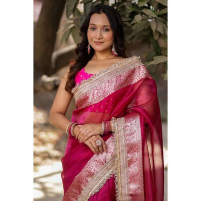 Isadora Life Womens Woven Embroidered Pink Pre-Draped Saree With Unstitched Blouse