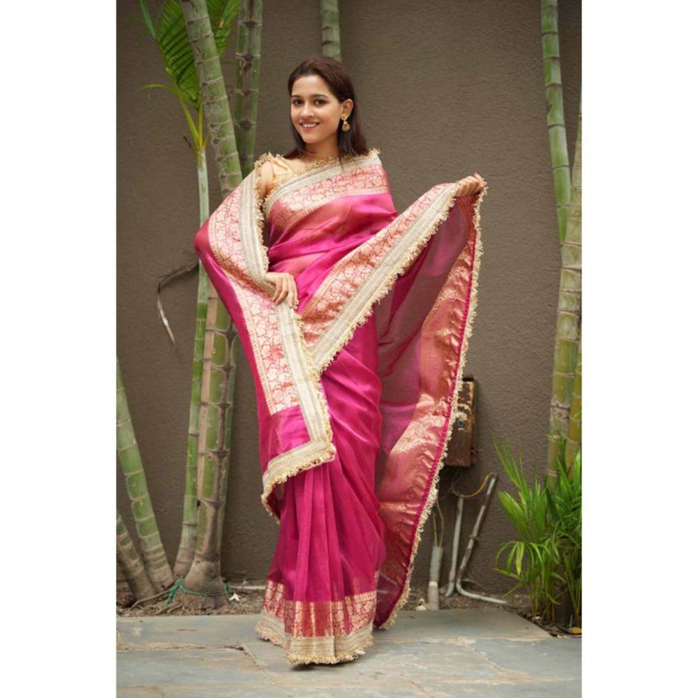 Isadora Life Womens Woven Embroidered Pink Pre-Draped Saree With Unstitched Blouse