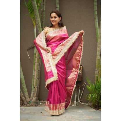Isadora Life Womens Woven Embroidered Pink Pre-Draped Saree With Unstitched Blouse