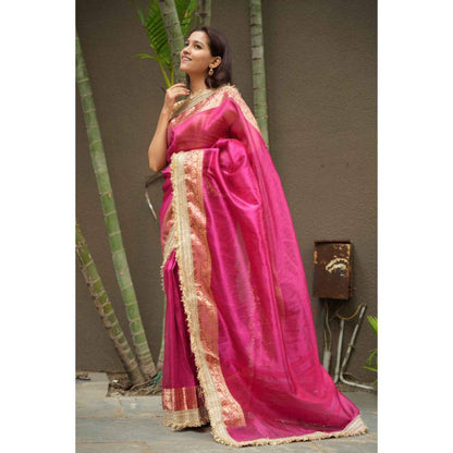 Isadora Life Womens Woven Embroidered Pink Pre-Draped Saree With Unstitched Blouse