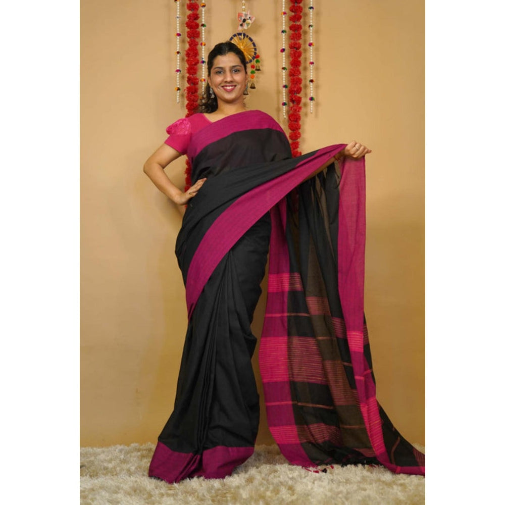 Isadora Life Womens Woven Tassels Black Pre-Draped Saree With Unstitched Blouse