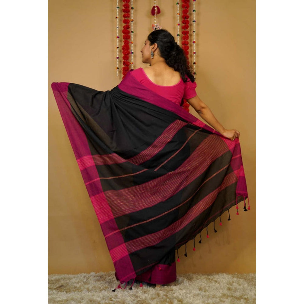 Isadora Life Womens Woven Tassels Black Pre-Draped Saree With Unstitched Blouse