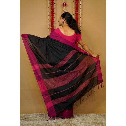Isadora Life Womens Woven Tassels Black Pre-Draped Saree With Unstitched Blouse