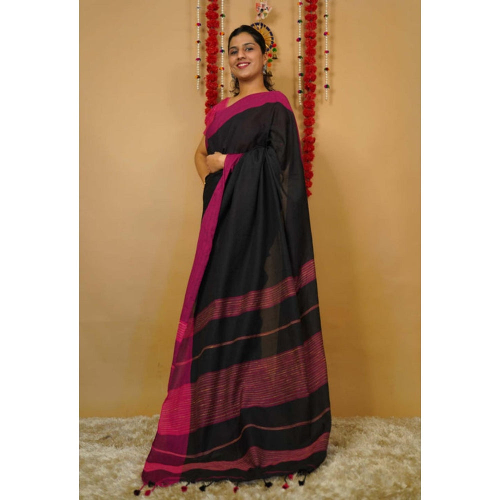 Isadora Life Womens Woven Tassels Black Pre-Draped Saree With Unstitched Blouse