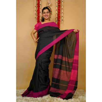 Isadora Life Womens Woven Tassels Black Pre-Draped Saree With Unstitched Blouse