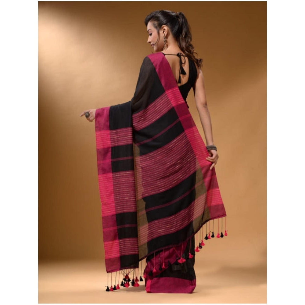 Isadora Life Womens Woven Tassels Black Pre-Draped Saree With Unstitched Blouse