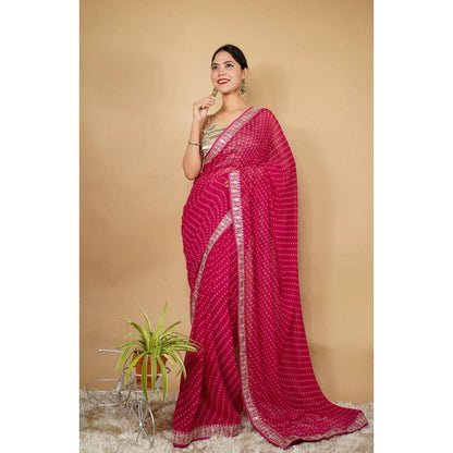 Isadora Life Womens Printed Embroidered Pink Pre-Draped Saree With Unstitched Blouse