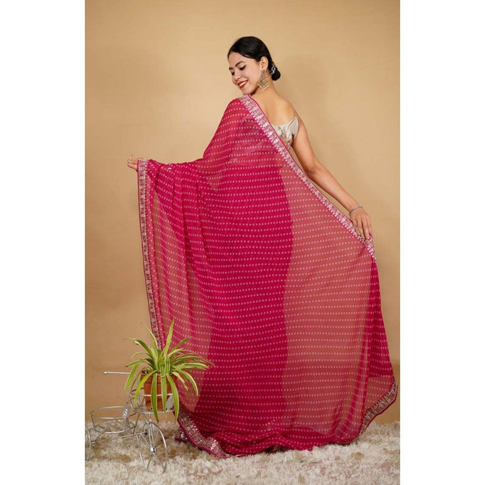 Isadora Life Womens Printed Embroidered Pink Pre-Draped Saree With Unstitched Blouse