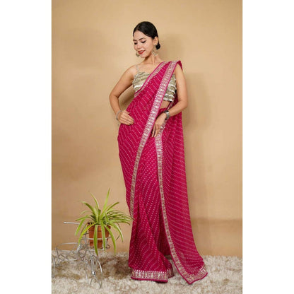 Isadora Life Womens Printed Embroidered Pink Pre-Draped Saree With Unstitched Blouse