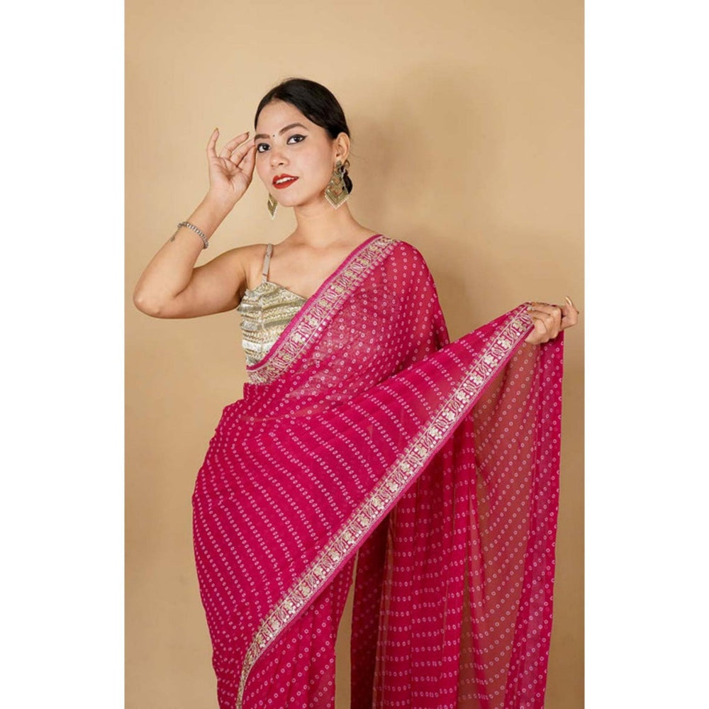 Isadora Life Womens Printed Embroidered Pink Pre-Draped Saree With Unstitched Blouse