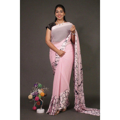 Isadora Life Womens Printed Pink Pre-Draped Saree With Unstitched Blouse