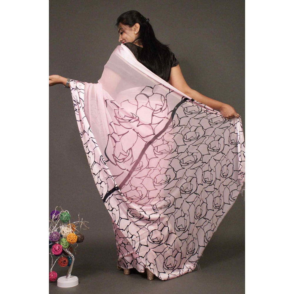 Isadora Life Womens Printed Pink Pre-Draped Saree With Unstitched Blouse