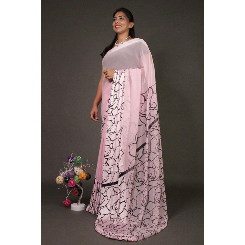 Isadora Life Womens Printed Pink Pre-Draped Saree With Unstitched Blouse