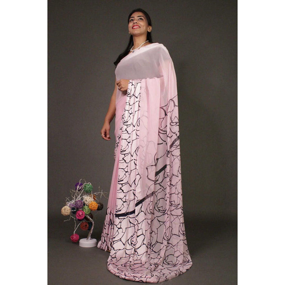 Isadora Life Womens Printed Pink Pre-Draped Saree With Unstitched Blouse