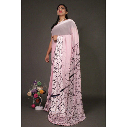 Isadora Life Womens Printed Pink Pre-Draped Saree With Unstitched Blouse