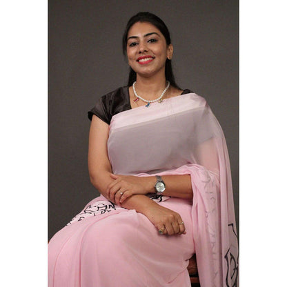 Isadora Life Womens Printed Pink Pre-Draped Saree With Unstitched Blouse