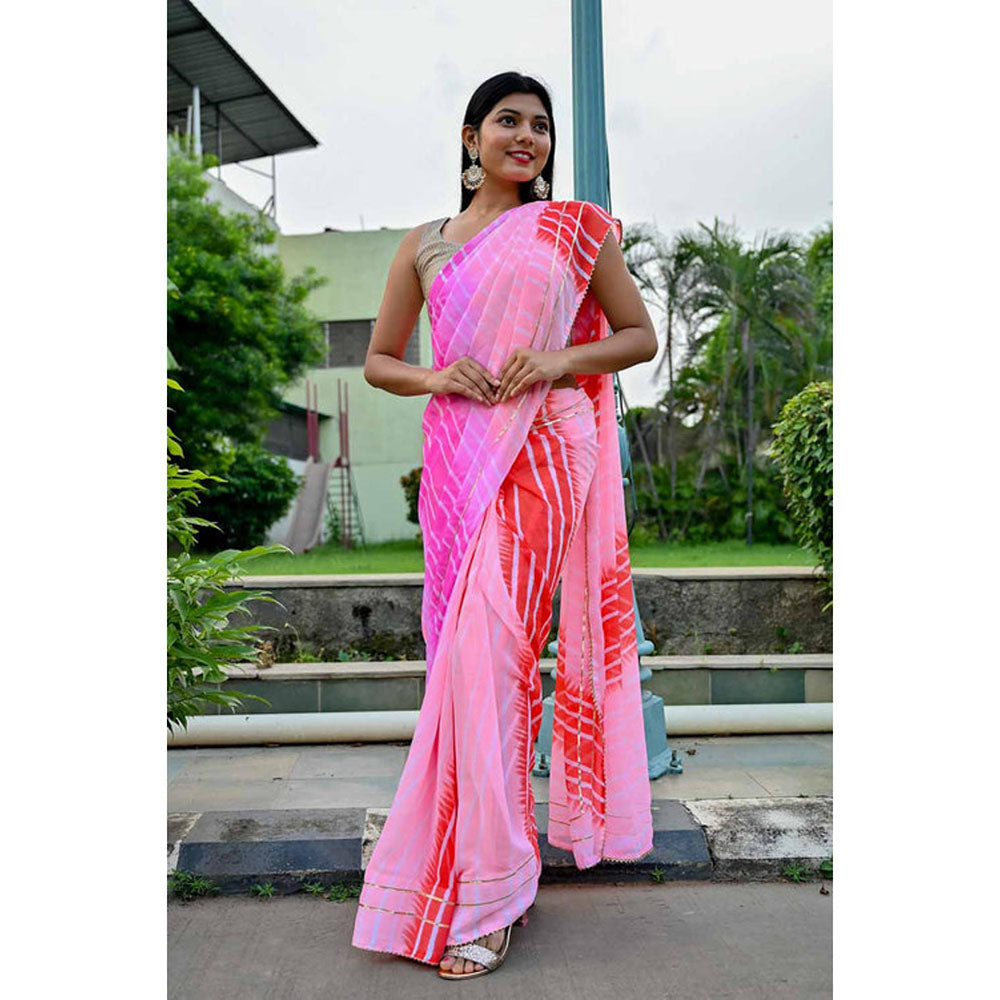 Isadora Life Womens Ombre Leheriya Pink Pre-Draped Saree With Unstitched Blouse