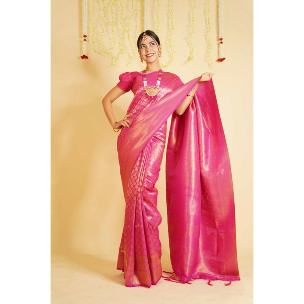 Isadora Life Womens Woven Tassels Pink Pre-Draped Saree With Unstitched Blouse