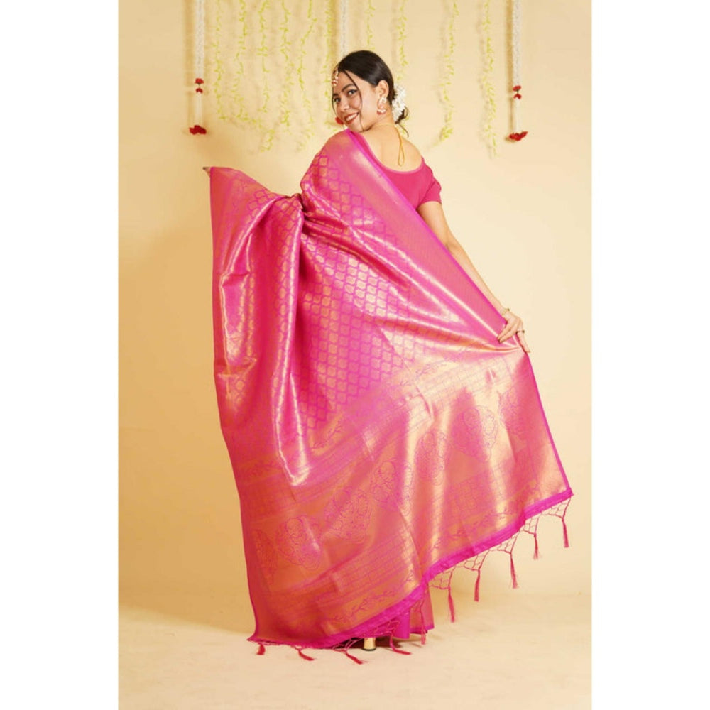 Isadora Life Womens Woven Tassels Pink Pre-Draped Saree With Unstitched Blouse