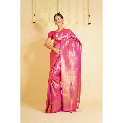 Isadora Life Womens Woven Tassels Pink Pre-Draped Saree With Unstitched Blouse