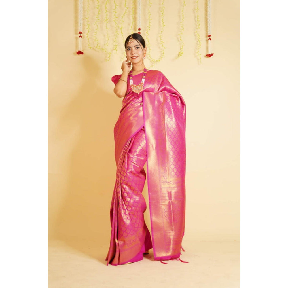 Isadora Life Womens Woven Tassels Pink Pre-Draped Saree With Unstitched Blouse