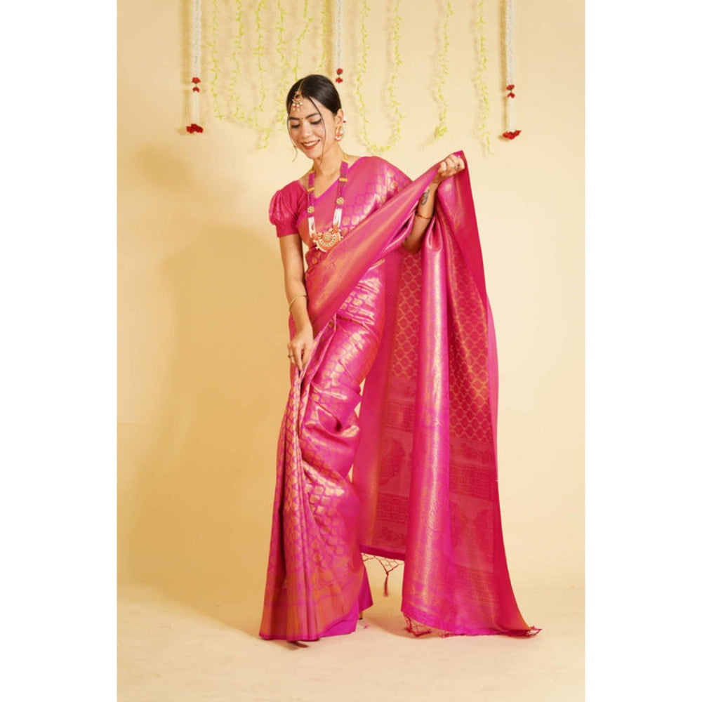 Isadora Life Womens Woven Tassels Pink Pre-Draped Saree With Unstitched Blouse