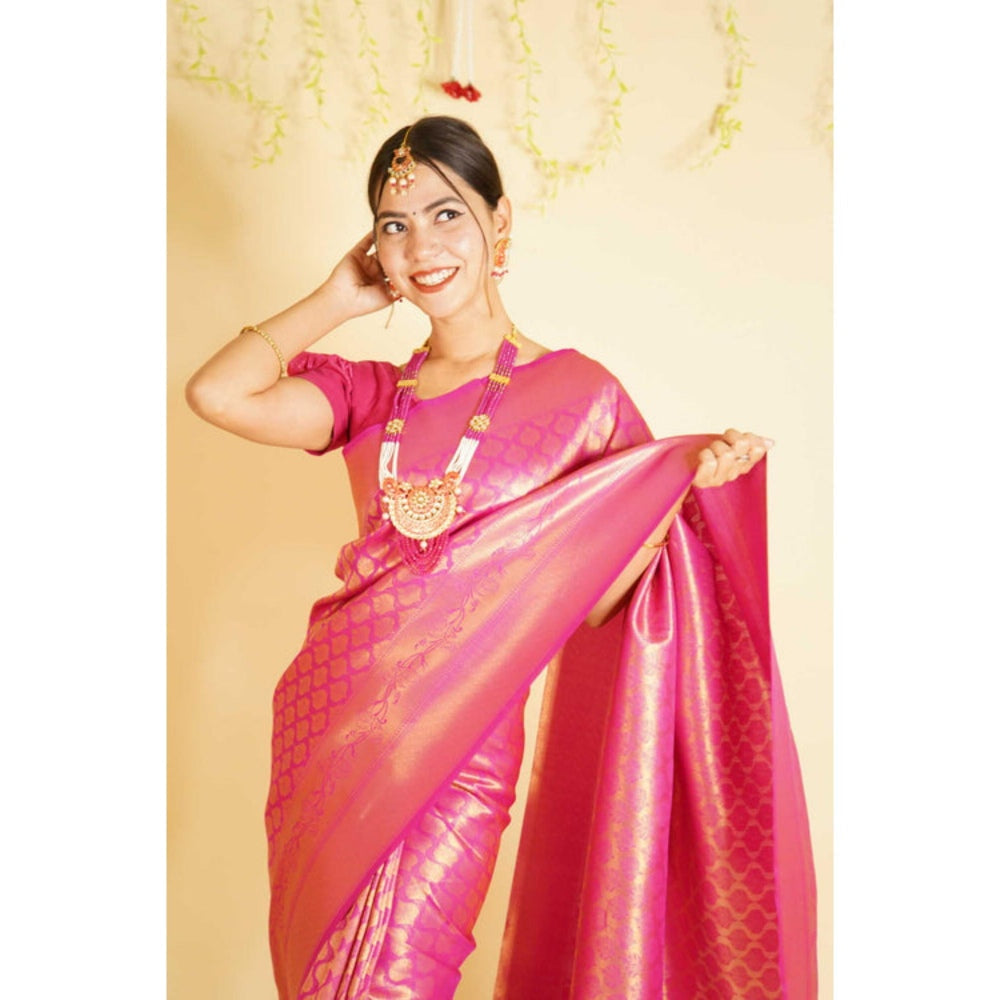 Isadora Life Womens Woven Tassels Pink Pre-Draped Saree With Unstitched Blouse