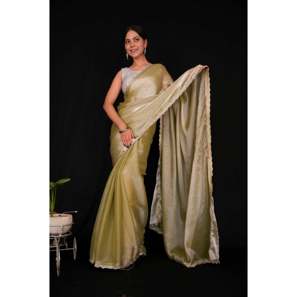 Isadora Life Womens Embroidered Sequined Green Pre-Draped Saree With Unstitched Blouse