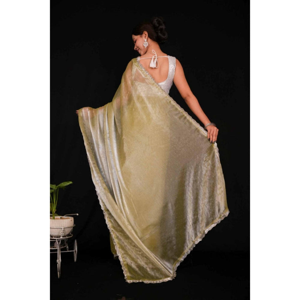 Isadora Life Womens Embroidered Sequined Green Pre-Draped Saree With Unstitched Blouse