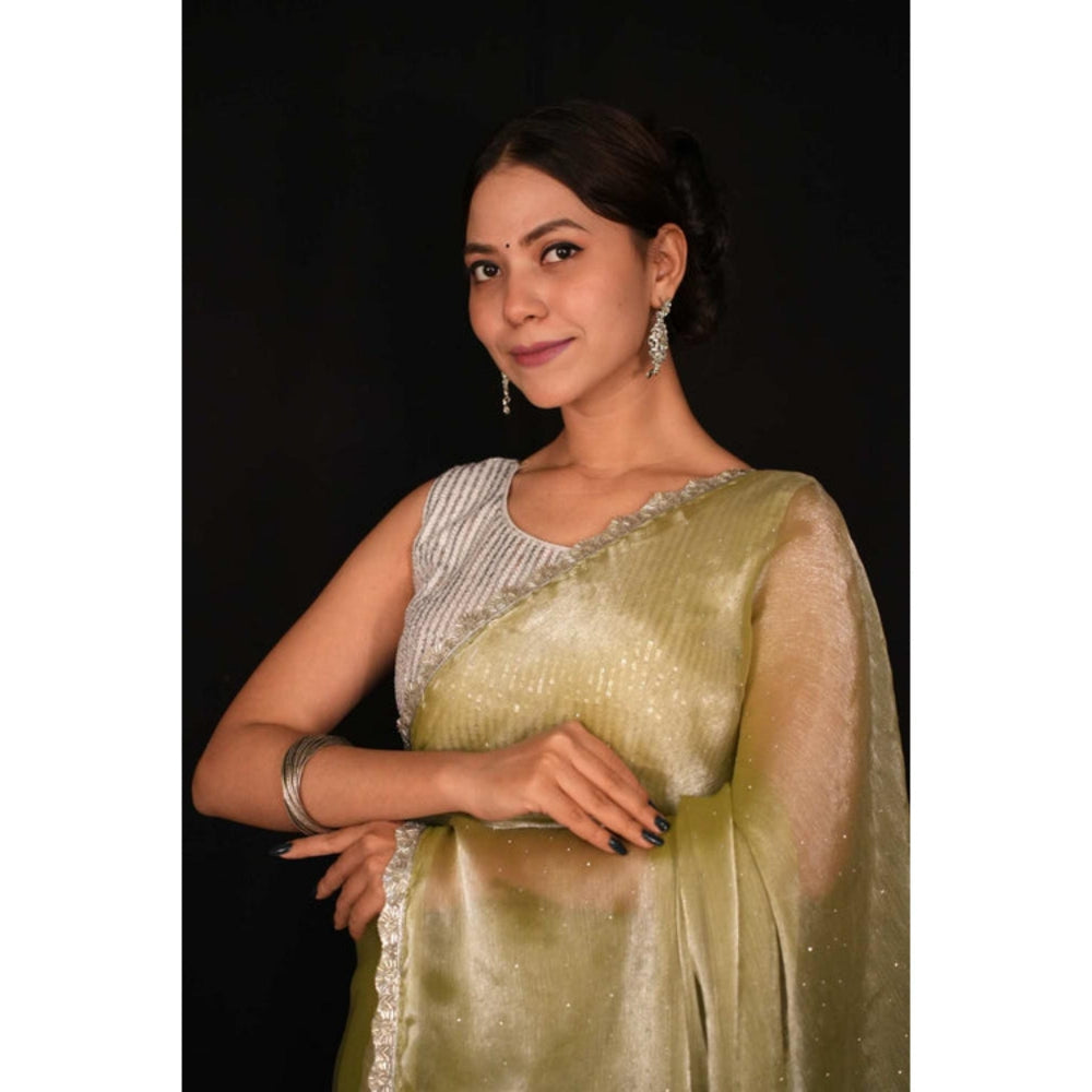 Isadora Life Womens Embroidered Sequined Green Pre-Draped Saree With Unstitched Blouse