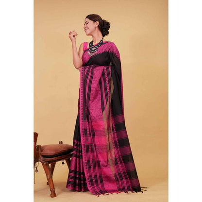 Isadora Life Womens Woven Tassels Black Pre-Draped Saree With Unstitched Blouse