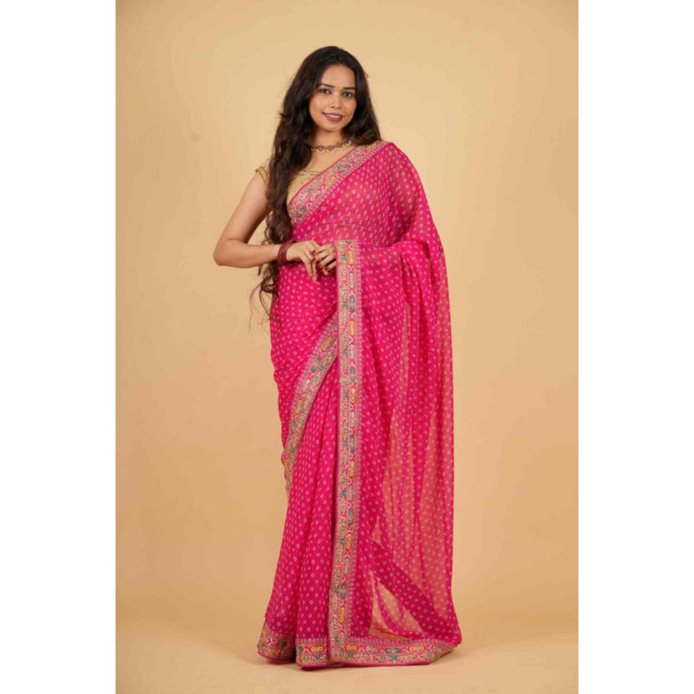 Isadora Life Womens Bandhani Printed Pink Pre-Draped Saree With Unstitched Blouse