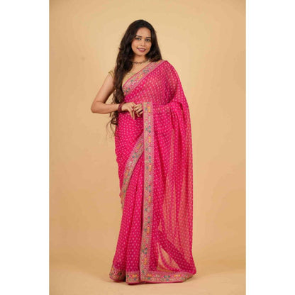 Isadora Life Womens Bandhani Printed Pink Pre-Draped Saree With Unstitched Blouse