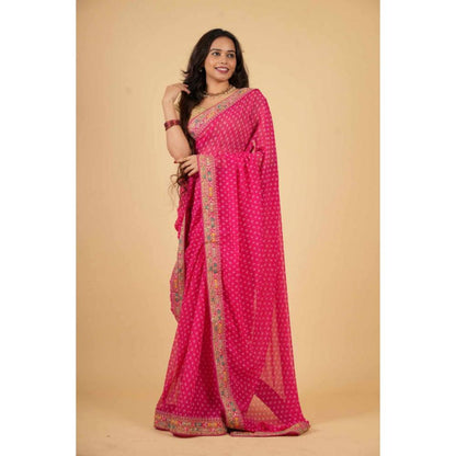 Isadora Life Womens Bandhani Printed Pink Pre-Draped Saree With Unstitched Blouse
