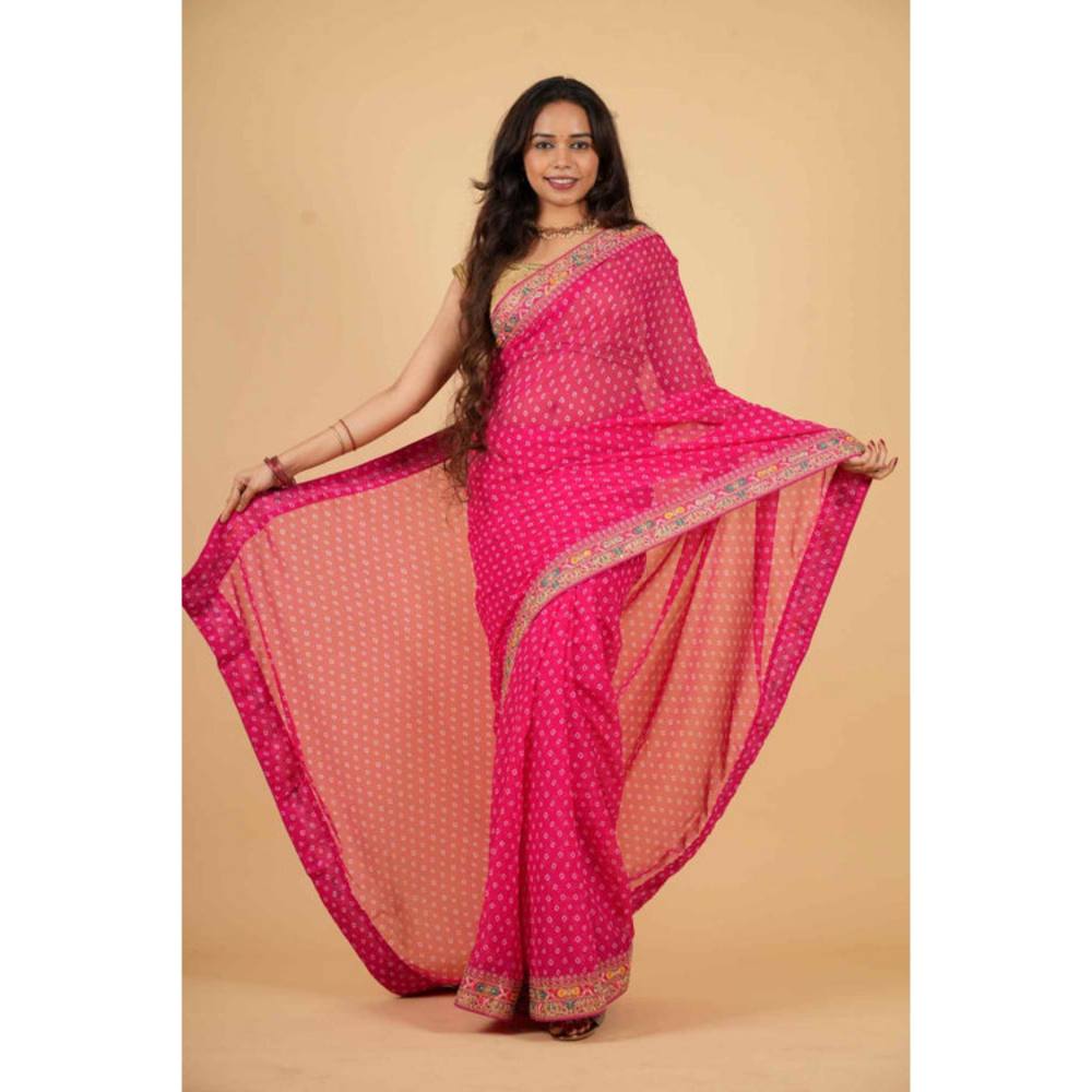 Isadora Life Womens Bandhani Printed Pink Pre-Draped Saree With Unstitched Blouse