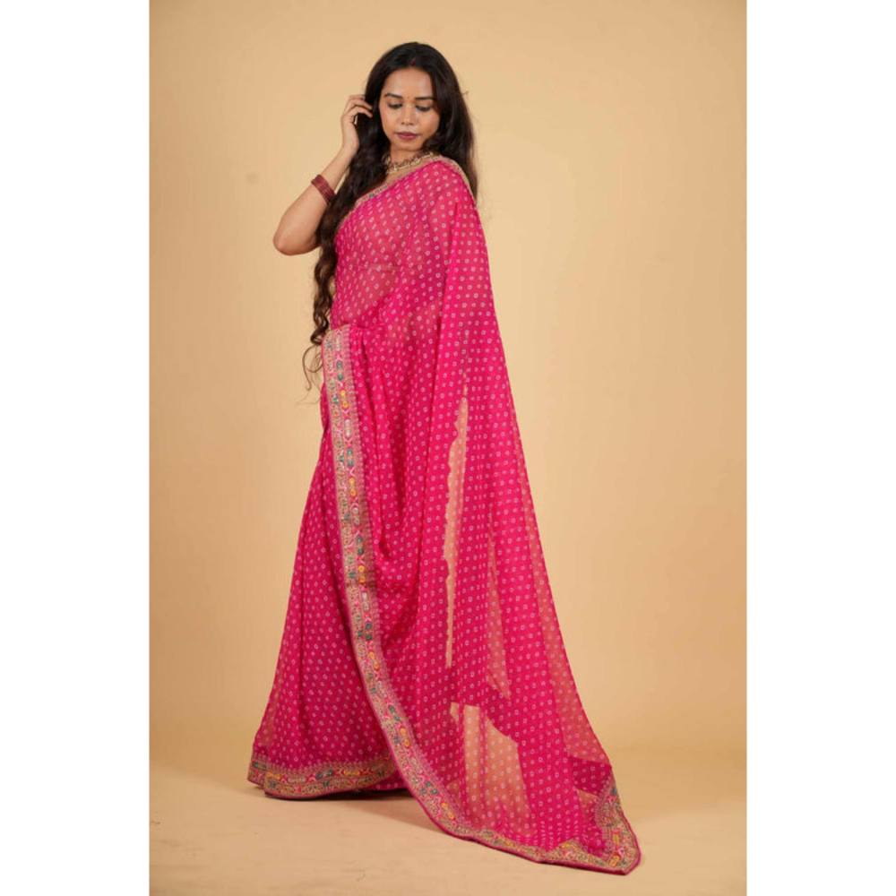 Isadora Life Womens Bandhani Printed Pink Pre-Draped Saree With Unstitched Blouse