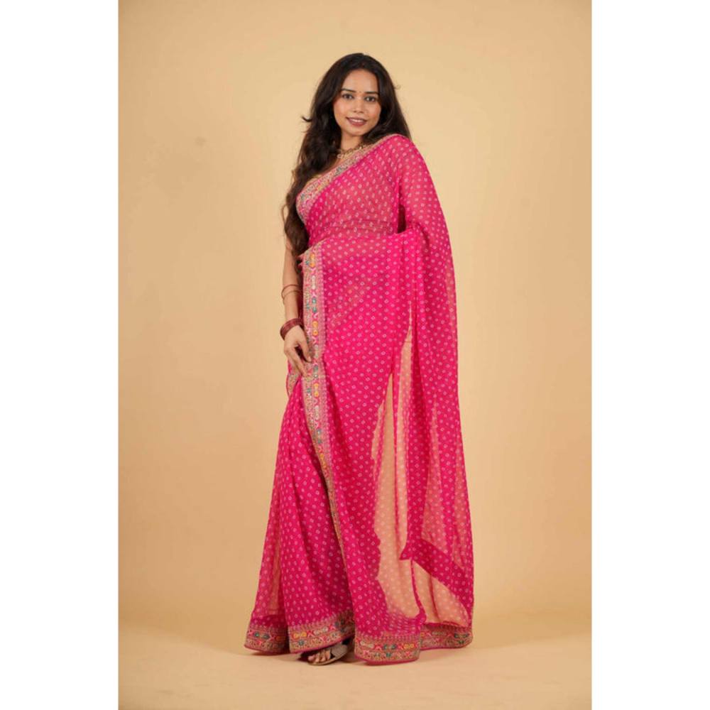 Isadora Life Womens Bandhani Printed Pink Pre-Draped Saree With Unstitched Blouse