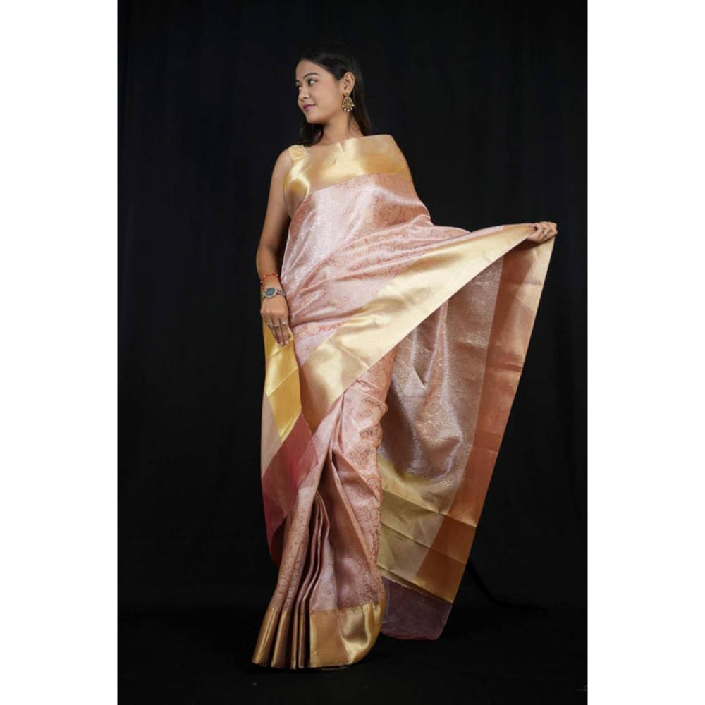 Isadora Life Womens Woven Zari Pink Pre-Draped Saree With Unstitched Blouse