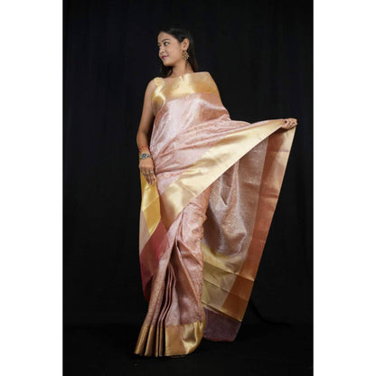 Isadora Life Womens Woven Zari Pink Pre-Draped Saree With Unstitched Blouse