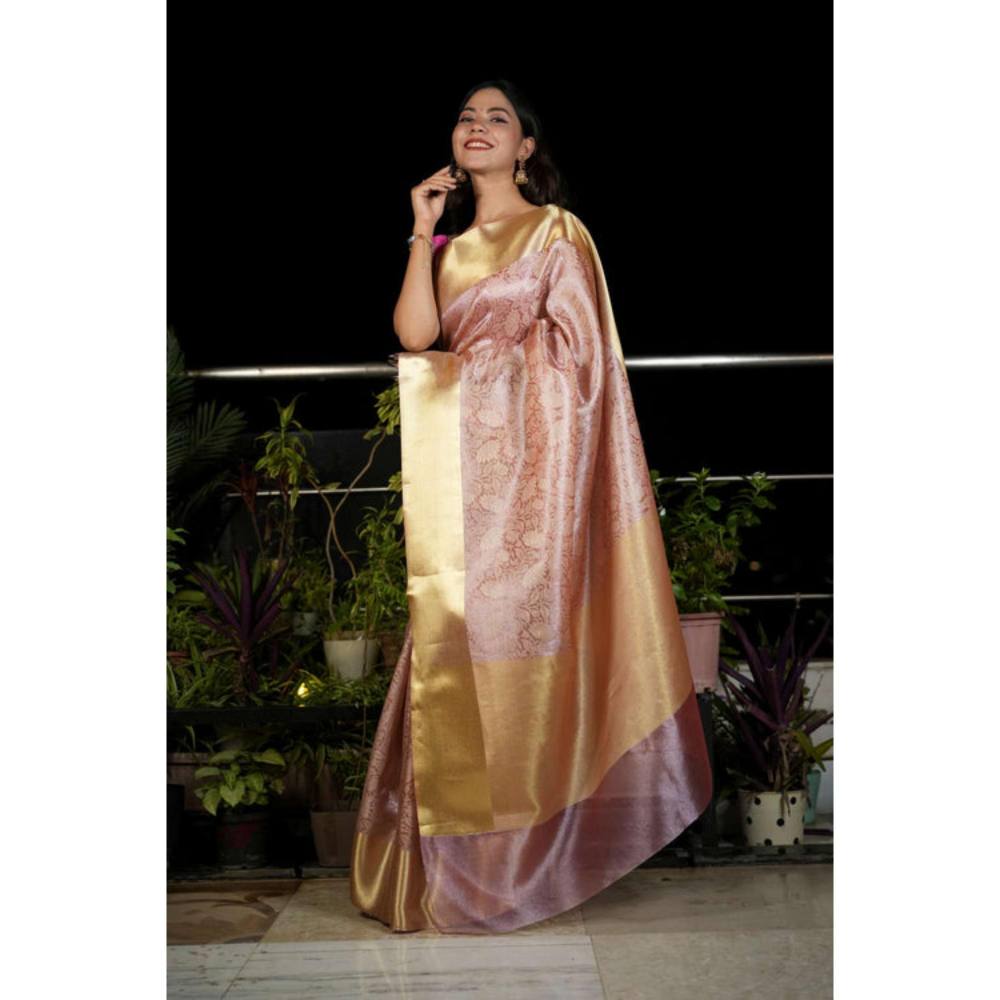 Isadora Life Womens Woven Zari Pink Pre-Draped Saree With Unstitched Blouse