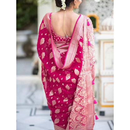 Isadora Life Womens Woven Zari Pink Pre-Draped Saree With Unstitched Blouse